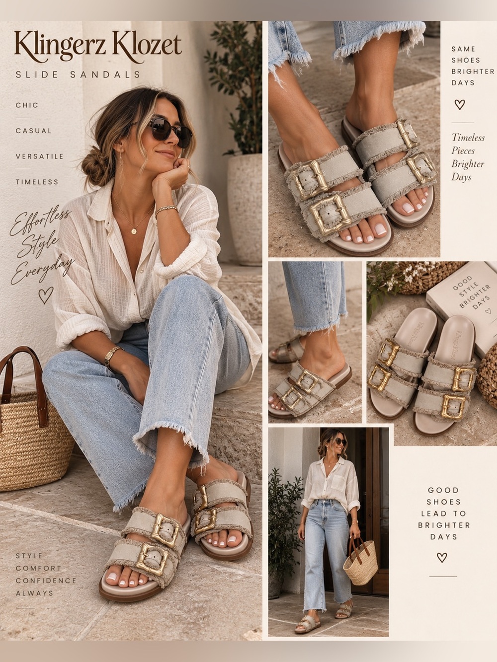 SCHUTZ Enola Oyster Frayed Canvas Gold Bamboo Buckle Slide sandals
